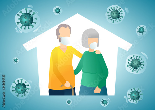 The old man and old woman in medical masks keep calm staying home, stay safe during quarantine. Stay home and save lives. Quarantine time. Epidemic MERS-CoV virus 2019-nCoV. Vector flat illustration.