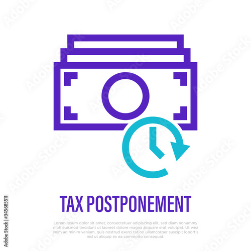 Tax postponement: postponed payday thin line icon. Banknotes with timer. Financial crisis vector illustration.