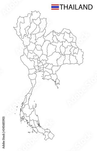 Thailand map, black and white detailed outline regions of the country.