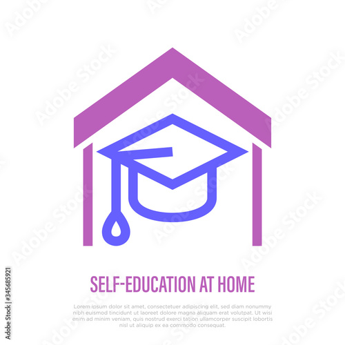 Self education thin line icon. Graduation cap at home. Symbol of online courses, training, tutorial. E-learning. Stay at home. Vector illustration.