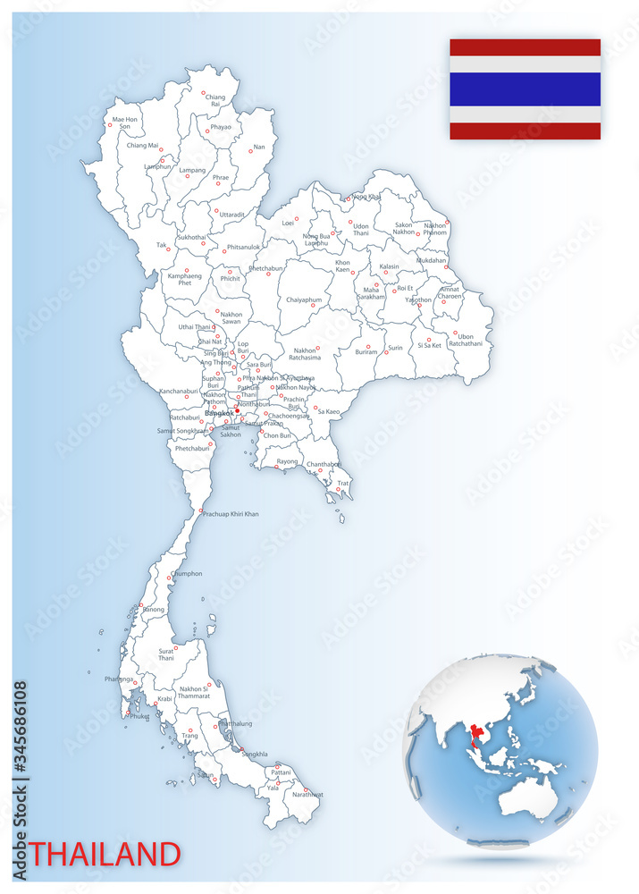 Obraz premium Detailed Thailand administrative map with country flag and location on a blue globe.