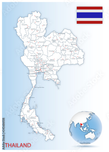 Detailed Thailand administrative map with country flag and location on a blue globe.