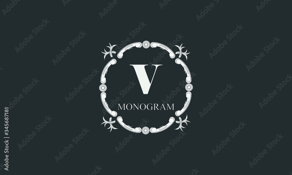 Fototapeta premium Exquisite floral monogram with letter V. Magnificent three-dimensional logo. Elegant frame for business sign, label, boutique brand, hotel, restaurant, heraldry.