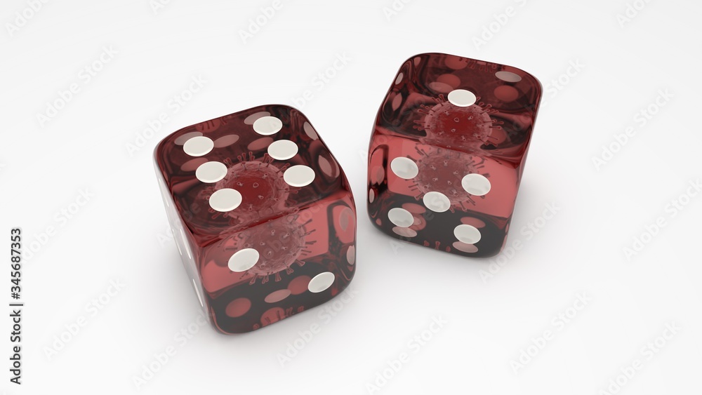 3D rendering of glass dice with covid-19 coronavirus in the middle. Dice with the number 6: 1, the idea of winning or losing, lot and chance, luck and failure. Isolated on a white background. 3D rendering of glass dice with covid-19 coronavirus in the middle. Dice with the number 6: 1, the idea of winning or losing, lot and chance, luck and failure. Isolated on a white background.