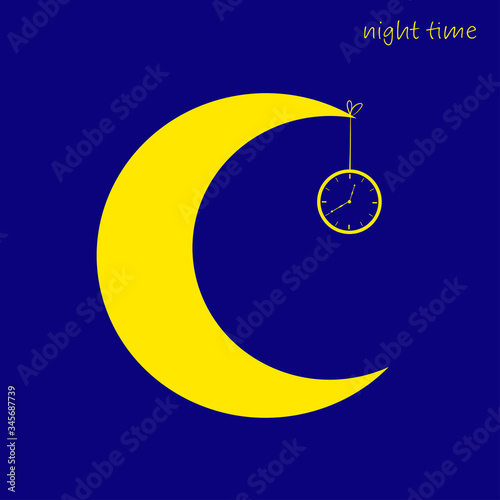 concept of night time, moon with handing clock, time to sleep simple creative idea,