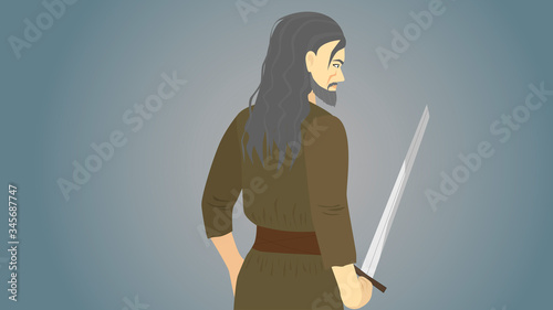 Young man with gray hair and scar on face holding sword ready to fight. Back view of handsome warrior with weapon. Middle Ages