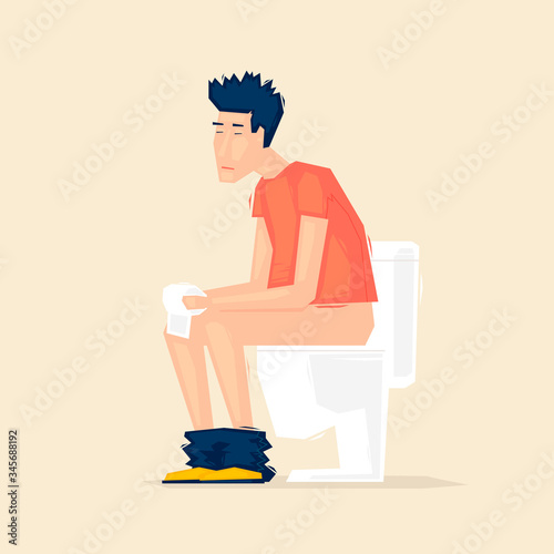Diarrhea man sitting on the toilet, virus. Flat illustration