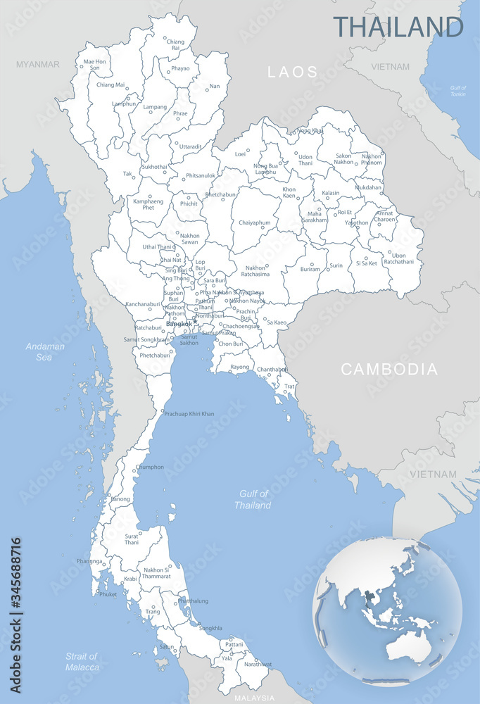 Blue-gray detailed map of Thailand administrative divisions and location on the globe.