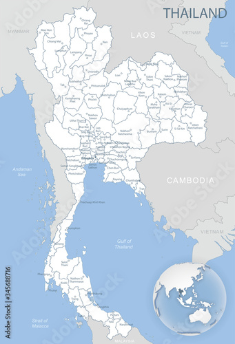 Blue-gray detailed map of Thailand administrative divisions and location on the globe.