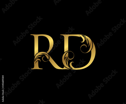 Elegant Gold RD Letter Floral logo. Vintage drawn emblem for book design  weeding card  brand name  business card  Restaurant  Boutique  Hotel.