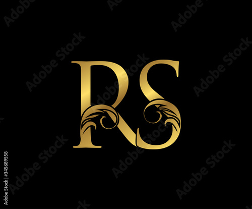 Elegant Gold RS Letter Floral logo. Vintage drawn emblem for book design, weeding card, brand name, business card, Restaurant, Boutique, Hotel.