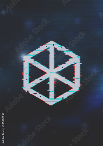 A retro synthwave style generic geometric isometric cube logo on a blue blurred space themed background with copy space