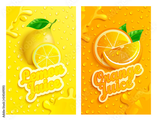 Set of fresh lemon and orange juices backgrounds with drops from condensation, splashing and fruit slices for brand,logo,template,label,emblems,stores,packaging,advertising.Vector illustration