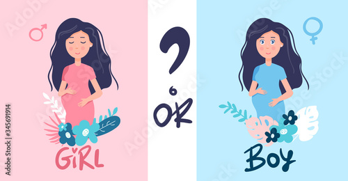 Vector illustration of cute young pregnant woman wondering about her future baby gender. It s a boy or girl quiz. Expecting woman standing and thinking, newborn boy and girl.