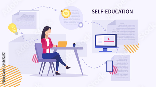 Girl student watching video and studying remotely. Online learning. Courses at home. E-learning in educational institutions Achievement of goal and self-education at home Vector isolated illustration.