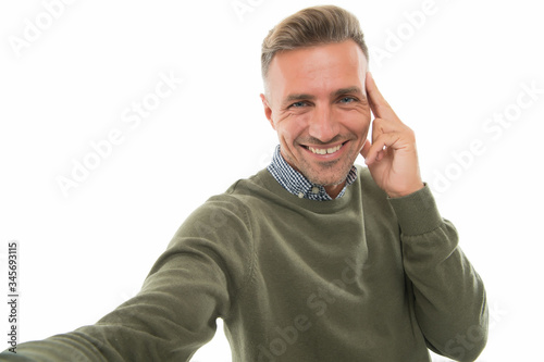 Believe in selfie. Happy man take selfie. Snap shot. Selfie master isolated on white. Video call. Social network. Blog and blogging. Selfie, smile to the camera. Click