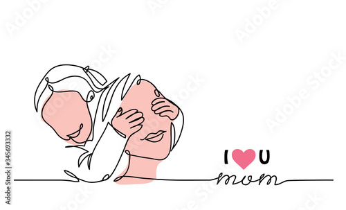 Happy Mothers Day simple vector web banner, background,poster,card. Girl closes her mothers eyes with hands. Mom lettering. One continuous line drawing.