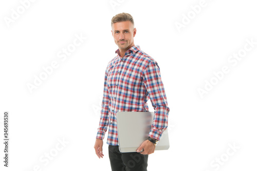 Mobility for better life. Handsome man hold laptop isolated on white. Laptop computer. Notebook and pc. Modern technology. Laptop for designer. Programming and web development. Remote job. Freelance