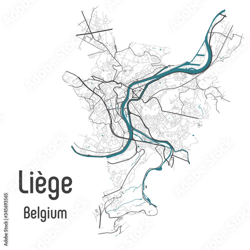 Map of Liege Luik L  ttich city within administrative borders with roads and rivers on white background