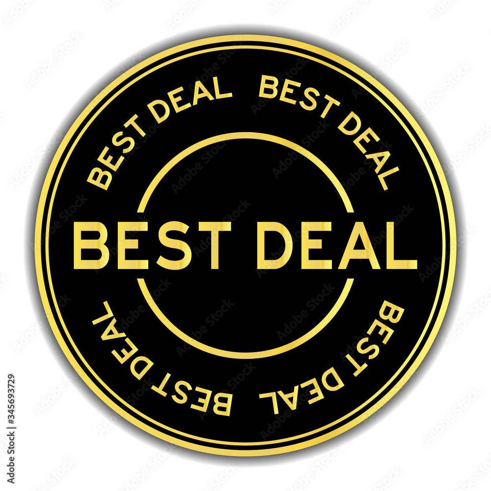 Black and gold color round sticker with word best deal on white background