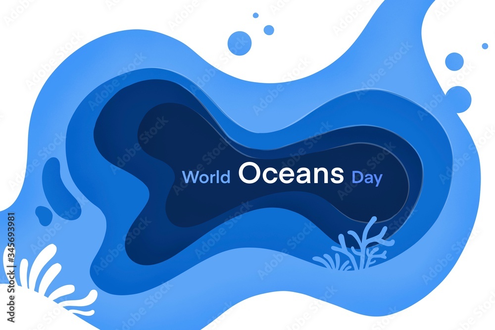 Naklejka premium World oceans day ,stop ocean plastic pollution with paper art style, sea animals underwater,animal and environment protection concept, 3d paper cut texture