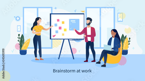 The team is coming up with new creative solutions in the office. Workflow of making decisions. Brainstorm meeting concept. People working on the project share their thoughts and discuss ideas. Vector