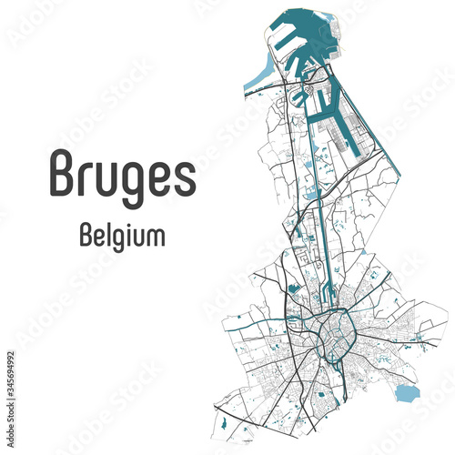 Map of Bruges Brugge city within administrative borders with roads and rivers on white background