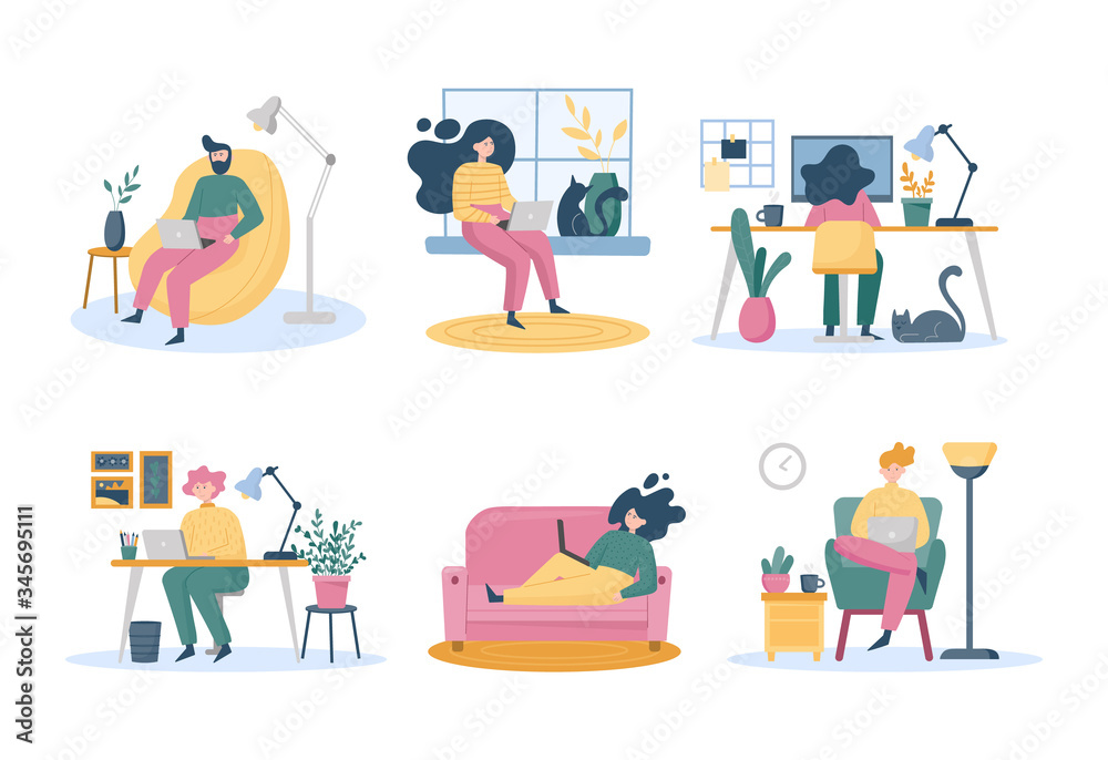Set of freelancers working at home, coworking space. Young people, mаn and womаn working on laptops and computers at home. Vector cartoon flat style illustration on white background Set of freelancers working at home, coworking space. Young people, mаn and womаn working on laptops and computers at home. Vector cartoon flat style illustration on white background
