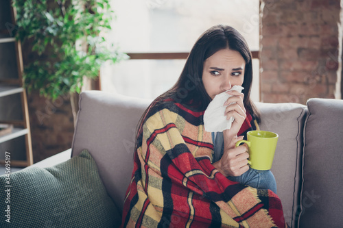 Close-up portrait of nice attractive sick brunette girl feeling bad suffering diagnosis flue flu high fever drinking med cure remedy therapy in modern loft brick industrial house apartment
