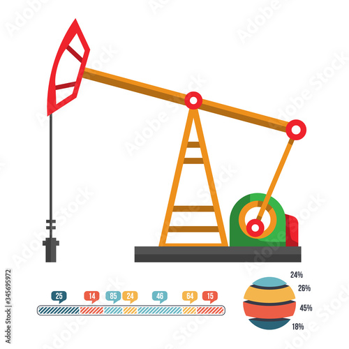 Oil pump with infographic element icons. Fuel. Pump crude oil. Flat vector element for banner or infographic poster