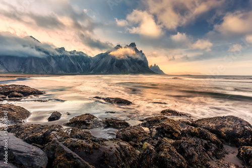 Icelandic Seascape. Wonderful Evening landscape of Vestrahorn Iceland at Stokksnes on the southeastern Icelandic coast. Iceland, Europe. Amazing nature Scenery. Popular Travel destinations