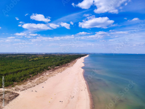 Aerial landscape of the beautiful beach at Baltic Sea in Sobieszewo, Poland photo