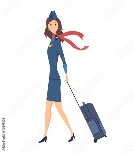 Smiling civilian aircraft stewardess dressed in uniform with suitcase. Cheerful female cartoon character isolated on white background. Colorful vector illustration in flat style