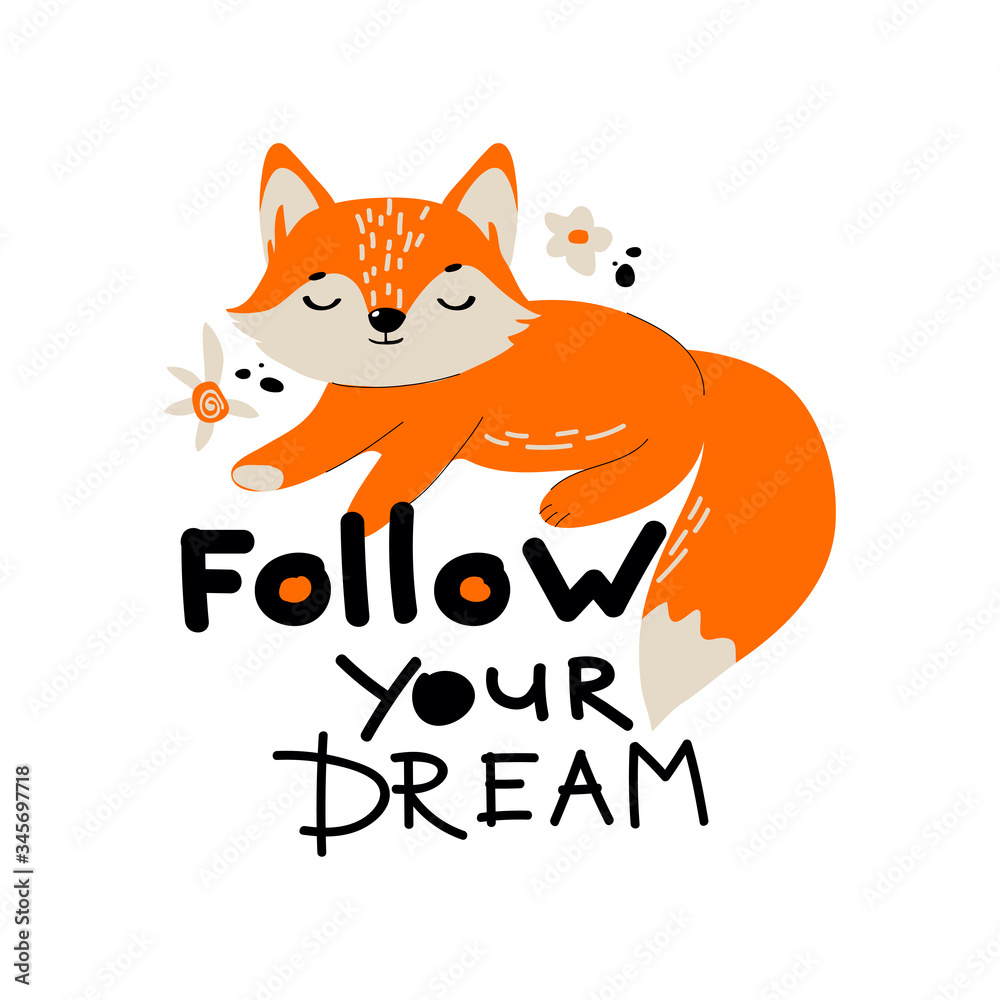 Obraz premium Cute Red Fox Lying with Closed Eyes and Inscription Vector Illustration
