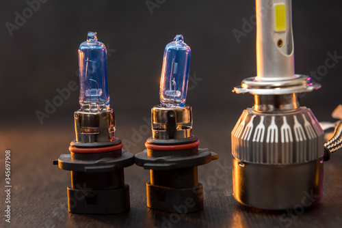 Various modern ice bulbs for auto headlight. Scientific advances in the manufacture of car lights. photo