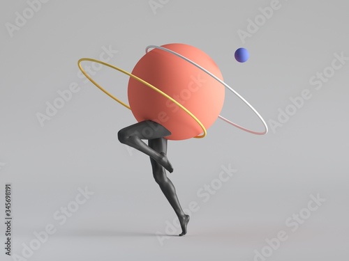 Fototapeta 3d render, abstract minimal surreal contemporary art. Geometric concept, black legs jump dance,yellow ring, red ball isolated on white background. Modern fashion composition, funny freak performance