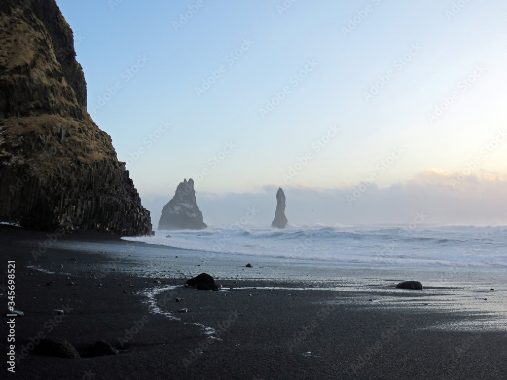 black sand beach landscape scene in Iceland
