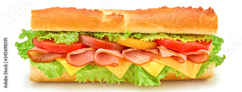 Submarine sandwich with ham, cheese, tomato, lettuce salad isolated on white. Homemade baguette ham sandwich with vegetables. Large sub tomato sandwich closeup, banner