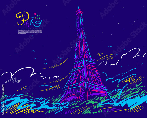 Paris city symbol. Eiffel Tower hand drawn sketch. Vector illustration. Travel poster with famous landmarks. France