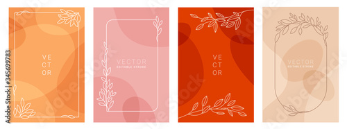 Vector design templates in simple modern style with copy space for text, flowers and leaves - wedding invitation backgrounds and frames, social media stories wallpapers