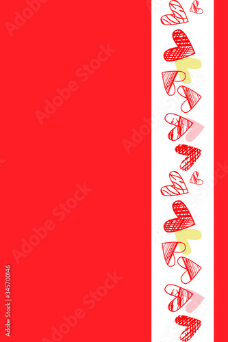 Vector template for greeting card, scrapbook, wedding invitation, banner. Vertical seamless pattern of hatched hearts on a red background. Vertical rectangular frame with place for text.