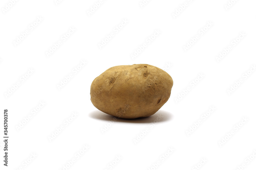 An unpeeled potato (Solanum tuberosum) shot on low angle isolated on white background An unpeeled potato (Solanum tuberosum) shot on low angle isolated on white background