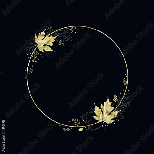 Vector round frame with gold leaves.Autumn background with fall leaves. Nature autumnal vector concept.Autumn Sale.