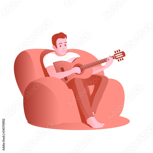 A young man in a soft home chair plays the guitar. Busy with your favorite music hobby. Vector isolated illustration.