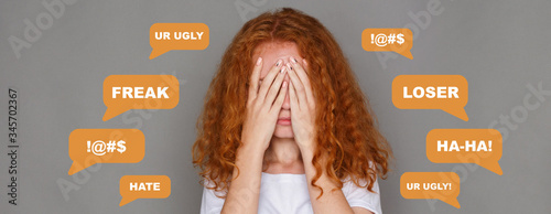 Cyberharassment. Red-haired woman closing her face and abusive chat messages on grey background, collage. Panorama