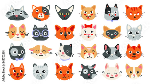 Big collection of cat faces with different emotions. Funny and cute vector illustration set isolated on white background for poster  banner  web  design