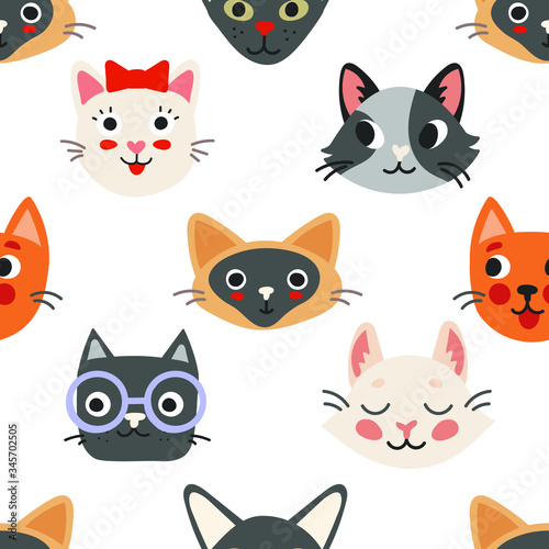 Seamless pattern with cat faces. Cute and funny vector print for fabric, textile, wallpapers and design on white background