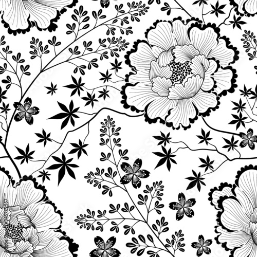 Floral seamless pattern. Flower background. Flourish ornamental summer wallpaper with flowers in chinese oriental style.