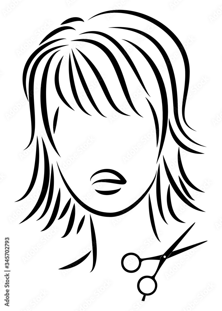 Silhouette of a cute lady. The girl shows a hairstyle on medium and short hair and scissors. Suitable for logo, hairdresser advertising. Vector illustration Silhouette of a cute lady. The girl shows a hairstyle on medium and short hair and scissors. Suitable for logo, hairdresser advertising. Vector illustration