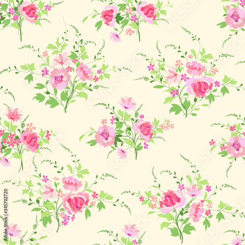 Floral seamless pattern. Flourish tiled background with flower rose bouquets. 